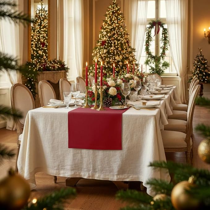 D'Moksha Homes Linen Red Table Runner 90 Inches Long - 100% Pure Linen 14 x 90 Inch Table Runner for Dining, Winter, Christmas, Holiday, New Year - Machine Washable