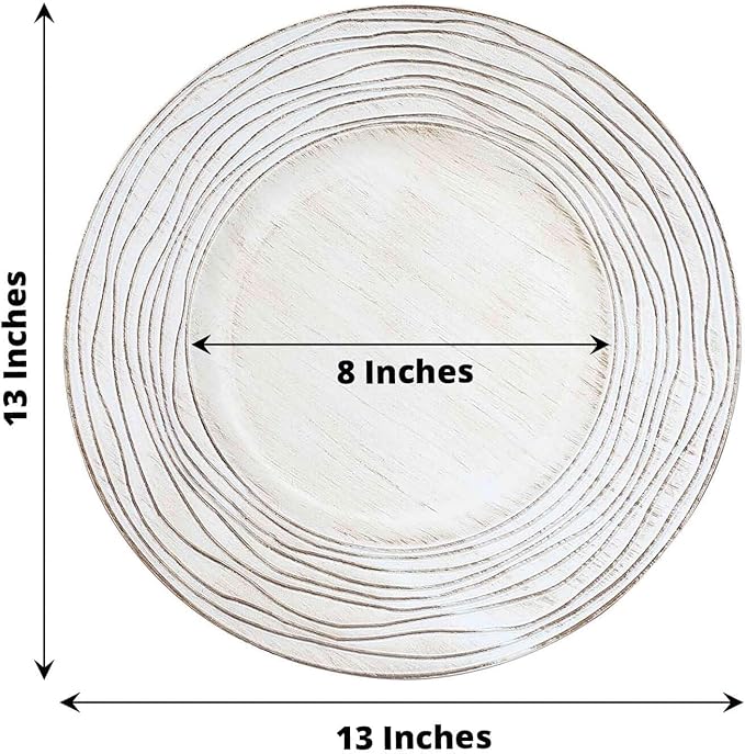 Efavormart 6 Pack | 13" White Washed Rose Embossed Faux Wood Plastic Charger Trays, Round Disposable Serving Plates