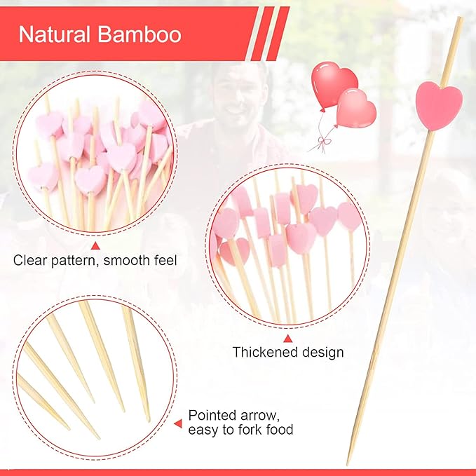 100pcs Pink Heart Cocktail Picks 4.7" Long Fruit Sticks Food Toothpicks Sandwich Appetizer Charcuterie Skewers, Made of Bamboo Wood, for Birthday Wedding Valentines Galentines Day Party Decorations