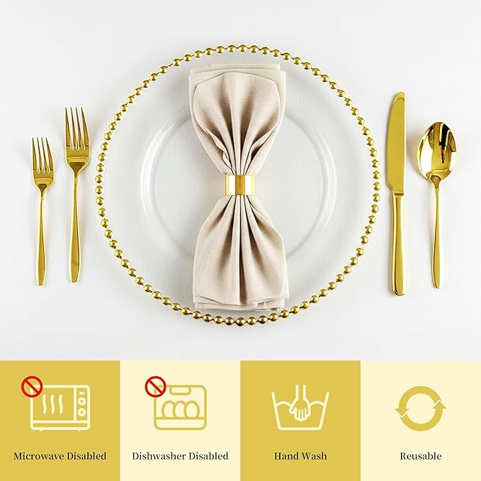 16 Pcs Clear Charger Plates with Beaded Rim 13 Inch Acrylic Gold Beaded Charger Plates Bulk for Wedding Party Dinner Birthday Table Events Decoration
