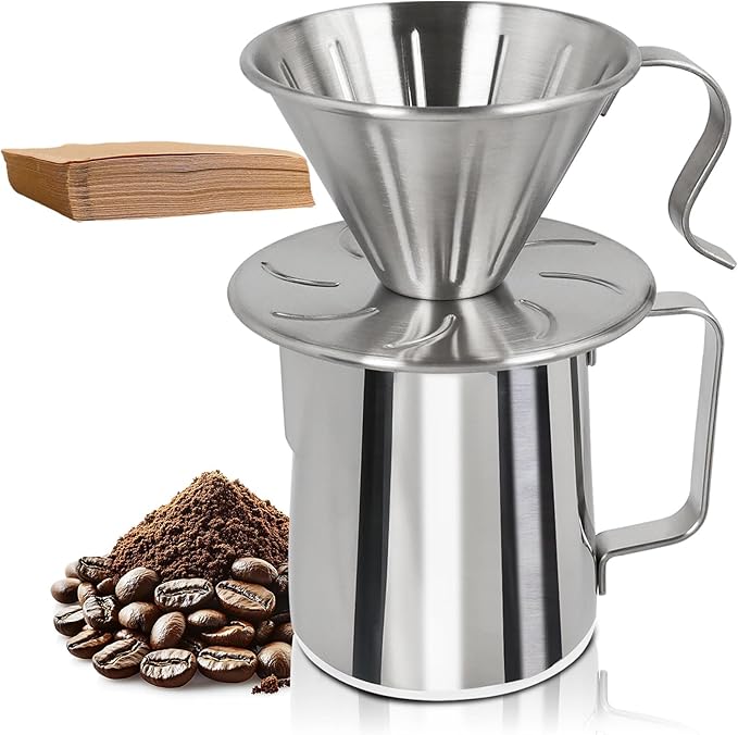 Uncoated Pour Over Coffee Maker 600ml Milk Frothing Pitcher 304 Thickened Stainless Steel Drip Coffeemaker Set with 50pcs V60 Cone Paper Filters Hand Brew Dripper Carafe for Home Camping Travel 20oz