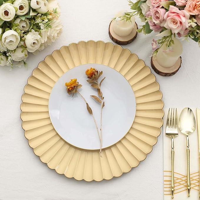 Efavormart 6 Pack | 13" Gold Scalloped Shell Pattern Plastic Serving Plates, Round Disposable Charger Plates