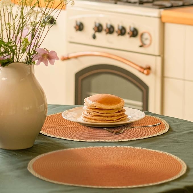 Noctiflorous Round Placemats Set of 6, 15 Inch Braided Hand Woven Table Mats, Heat Resistant Non-Slip Wipeable Thin Edge Place Mats for Kitchen Dining Indoor Outdoor Use(Orange, 6)