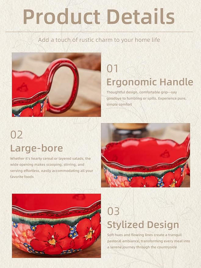 silesia Handmade Ceramic Soup Bowl, 30 oz Hand Painted Bowl with Loop Handle, Floral Design Cereal Bowl for Soup, Ice cream, Snack, Microwave & Dishwasher Safe (Glazed Red)