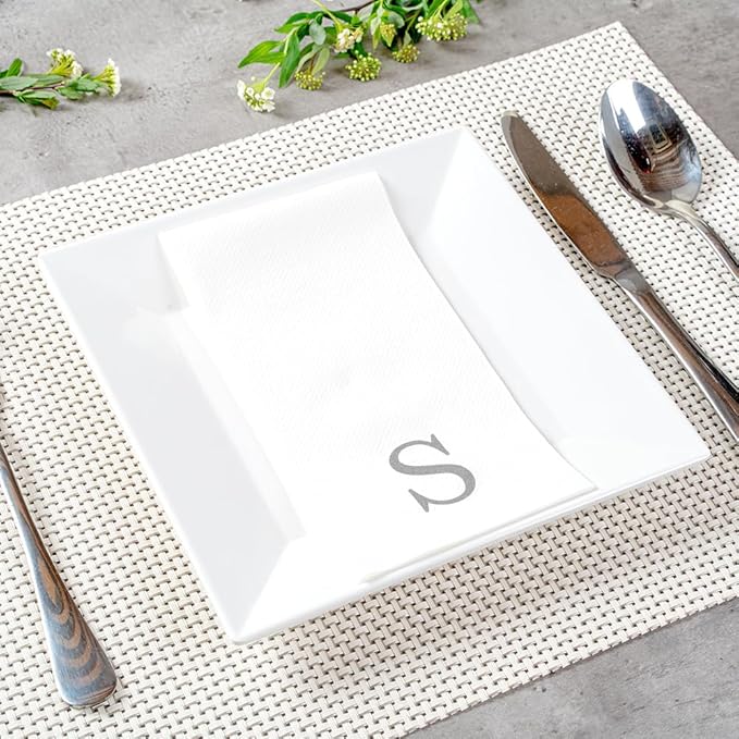 Luxenap 15.8 X 7.9 Inch Linen-Feel Guest Towels, 50 Lettered Hand Towels - Silver Letter 'S', Sans Serif Font, White Paper Dinner Napkins, airlaid, For Restrooms And Tables - Restaurantware