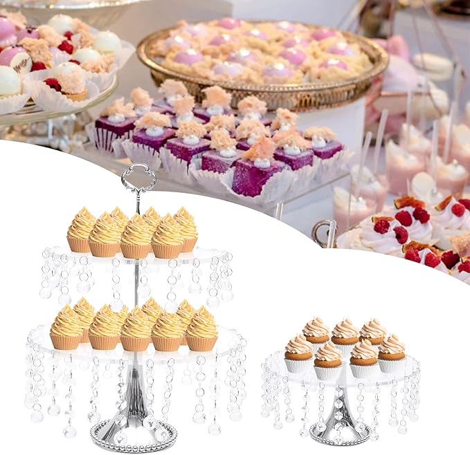 4PCS Mirror Crystal Wedding Cake Stand Set for Dessert Display, Crystal Beaded Cupcake Holder Plate with Chains Silver/Gold for Party Decoration (Clear Round 4PCS)