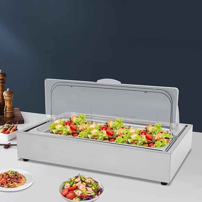 Serving Tray 6L/1.59Gal Ice Food Serving Display Tray with Clear Cover & Ice Box Stainless Steel Buffet Cold Serving Cooler Platter for Outdoor Buffets, Parties, and Street Vendors