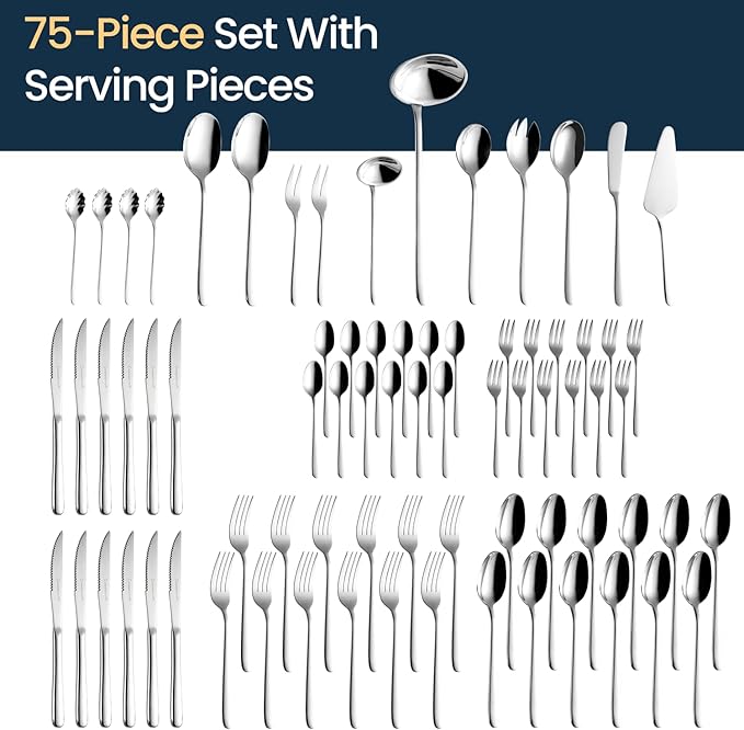 GRANDMEISTER 75-Piece 18/10 Stainless Steel Silverware Set with Gift Carrying Case, 3.0MM Thick, Elegant Design, Serves Parties 12 people, Mirror Polished, Dishwasher Safe Cutlery Set