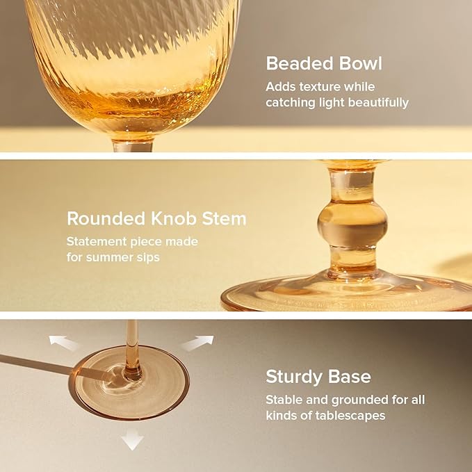 mopio Zest Fluted Goblet Set of 4, 11.5 oz, Dishwasher Safe, Trendy Party and Home Bar Stemware for Cocktails and Wine, Perfect Drinkware Gift in Eco-Friendly Packaging, Soda-Lime Glass (Peach)