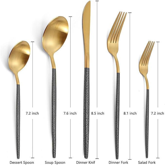 20-Piece Silverware Set for 4, Gold Flatware With Black Handle, Durable 18/8 Stainless Steel Kitchen Eating Tableware, Includes Fork Knife Spoon, Dishwasher Safe