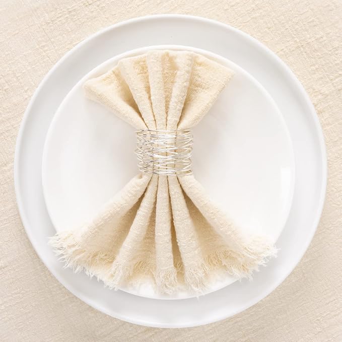 Socomi Set of 6 Linen Napkins Beige Easter Spring Cloth Napkins Washable Cotton Dinner Napkins Fringe 17"x17" for Wedding Party Bridal Baby Shower Birthday Table Decorations