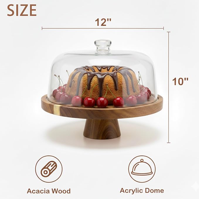 Acacia Wood Cake Stand with Scratch-Resistant Acrylic Dome Lid – 12in Round Cake Holder, 2-in-1 Dessert Display Tray & Charcuterie Board with Double-Sided Groove for Perfect Lid Placement
