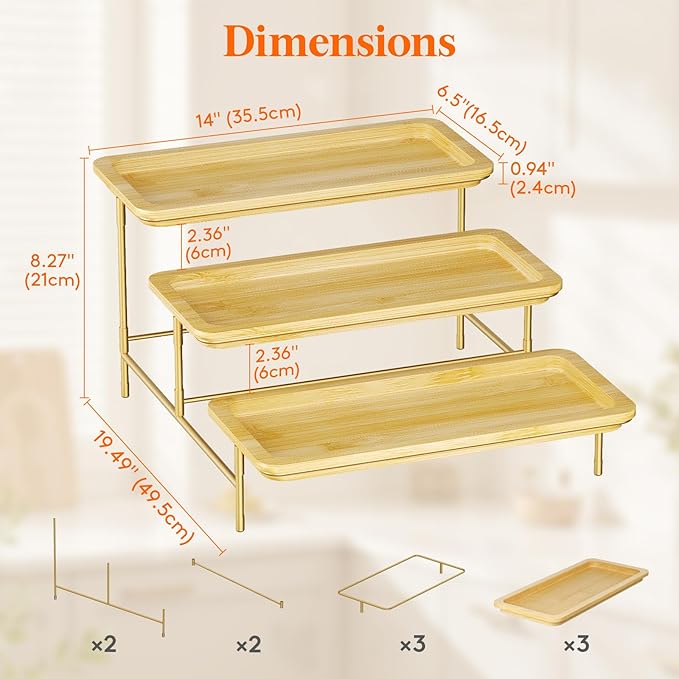 Lifewit 3 Tier Bamboo Serving Tray for Party Supplies, 14" x 6.5" Platters for Serving Food, Reusable Trays with Gold Metal Display Stand for Veggie, Fruit, Cookies, Dessert
