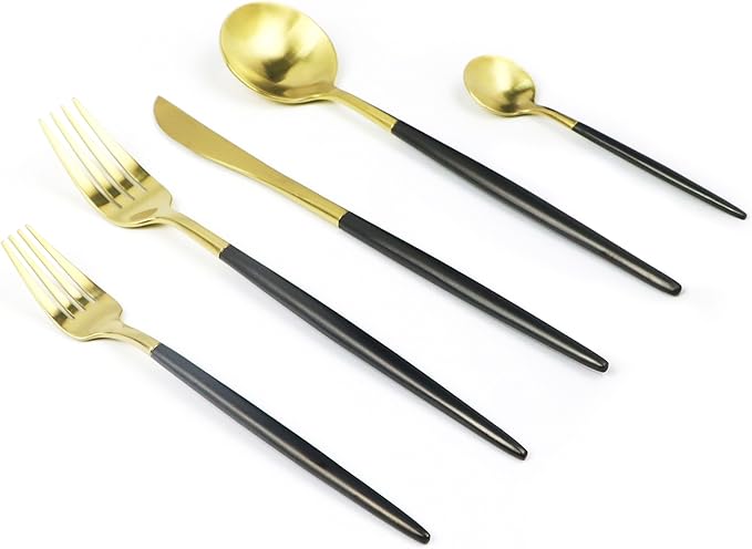Customized 5-Piece 18/10 Stainless Steel Flatware Set, Serive for 1, With Fork Spoons Knife Teaspoon Dessert Fork for Home Kitchen Restaurant Hotel (Black + Gold)