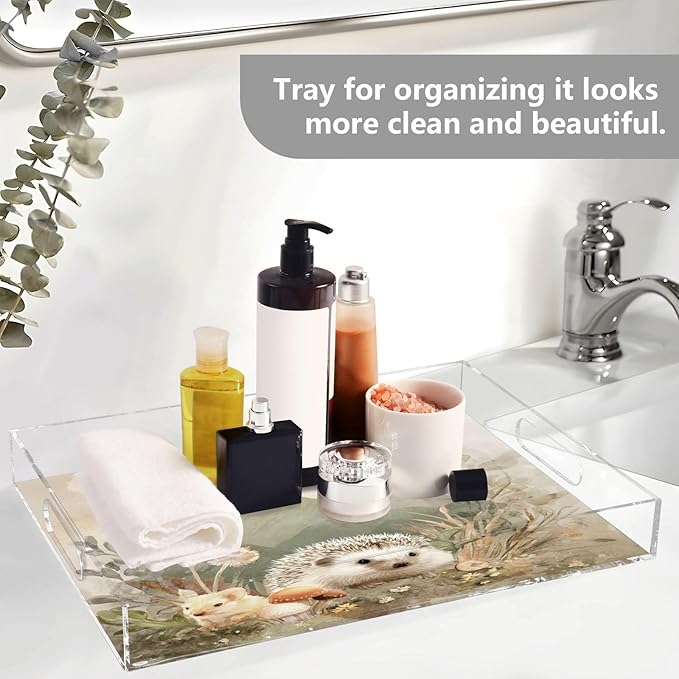 Serving Tray with Handles Clear Acrylic Tray 12x16 Inch Decorative Rectangular Tray Organizer for Ottoman Coffee Table Bathroom Beige Hedgehogs Mountains Mushrooms Flowers