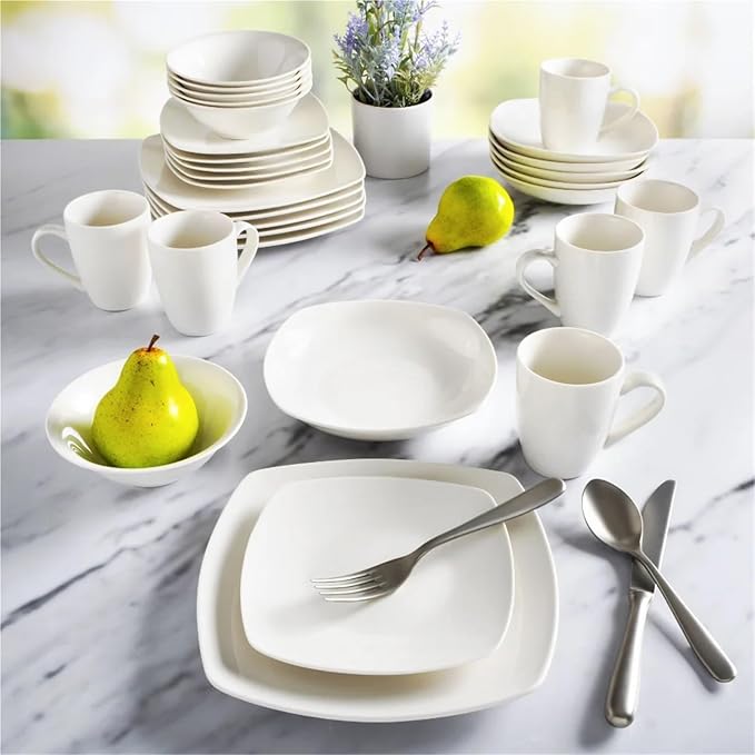 30 Piece White Porcelain Dinnerware Set for 6, Full Table Service, Ceramic Tableware Kit for Kitchen, Dining, Banquet (White)