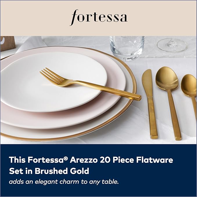 FORTESSA Arezzo 18/10 Stainless Steel Flatware, 20 Piece Place Setting With Table Knives, Forks and Spoons (Service For 4), Dishwasher Safe, Brushed Gold