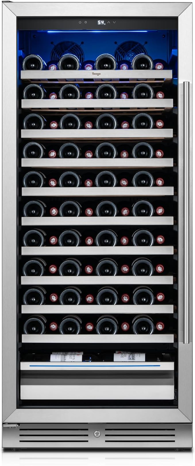 Yeego Wine Fridge – 24 Inch Wine Cooler Refrigerator 40°F-65°F, 304 Stainless Steel Glass Door Lock, Temperature Memory Blue & White LED Built-in Fridge Left-hand Opening with Drawer (89 Bottle)