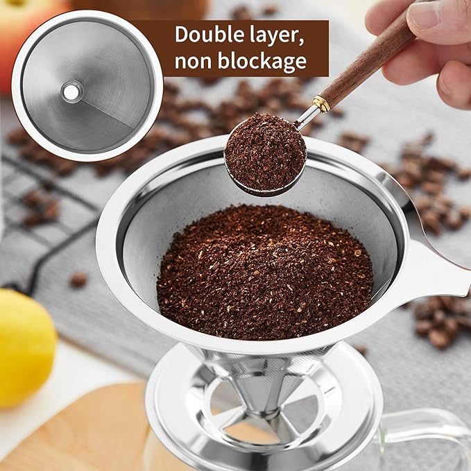 Pour Over Coffee Dripper, Fine Mesh Double Layer Stainless Steel Coffee Filter, Metal Cone Pour Over Coffee Filter Single Cup Coffee Maker 1-2 Cup