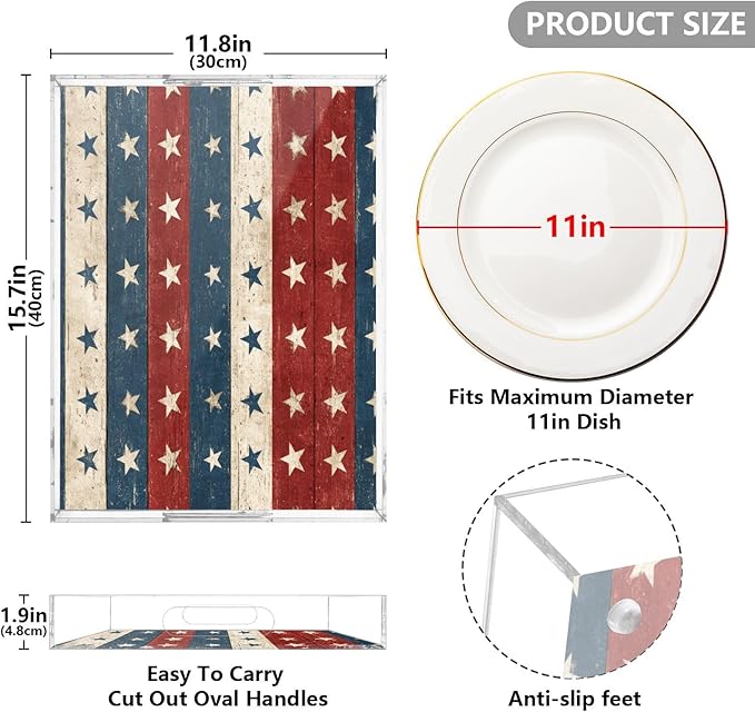 Serving Tray with Handles Clear Acrylic Tray 12x16 Inch Decorative Rectangular Tray Organizer for Ottoman Coffee Table Bathroom Red and Blue Stars Independence Day