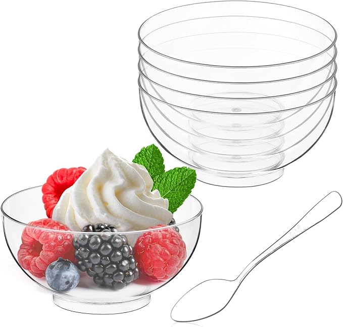 Qeirudu 100 Pack 3 oz Mini Dessert Cups with Spoons, Clear Small Round Party Serving Bowls for Yogurt Parfait Fruit Mousses Appetizer Ice Creams