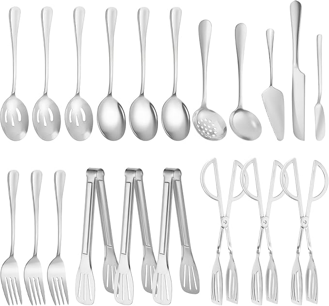 20 PCS Serving Utensil Set & Catering Serving Utensils - Stainless Steel Complete Buffet for Weddings, Holidays, Parties & Family Gatherings - Serving Utensils Set for Parties (Silver)