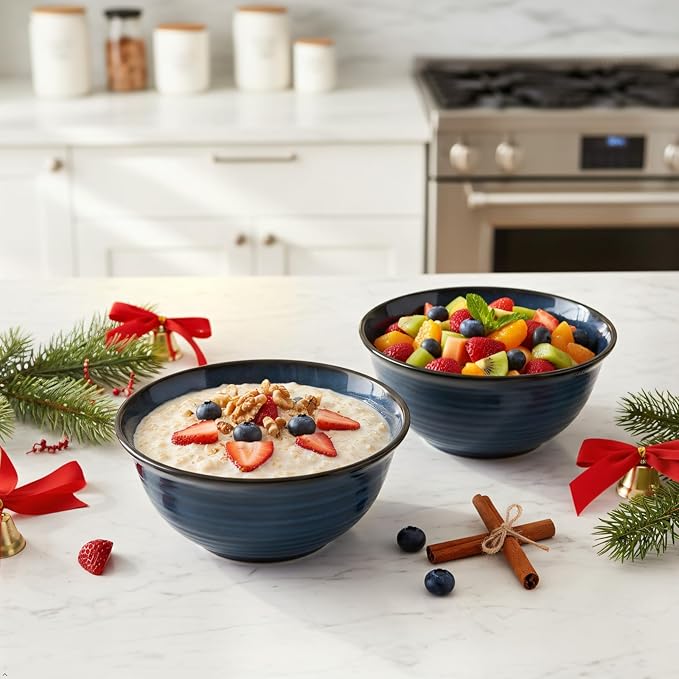 MEKY Serving Bowls, 9 Inch Large Ceramic Salad Bowls for Kitchen, 84 Ounce Mixing Bowl Set of 2, Perfect for Cooking Baking Soup Pasta Fruit and Popcorn, Microwave and Dishwasher Safe, Blue