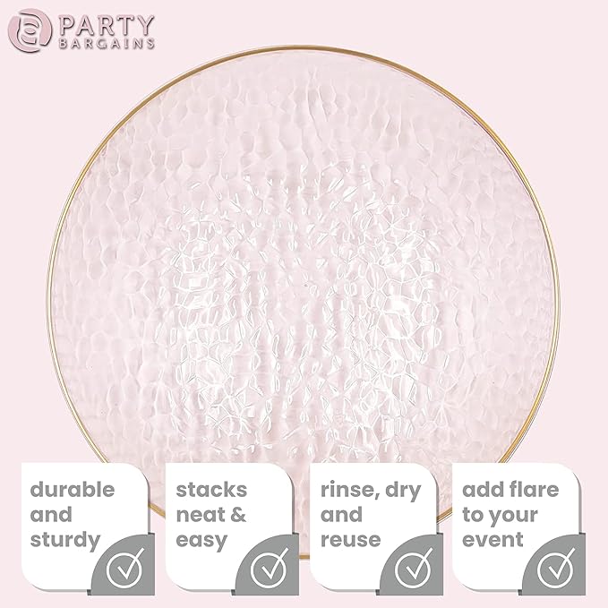 PARTY BARGAINS 13-Inch Charger Plates - 4 Pack, Hammered Pink Gold Rim, Heavy-Duty Disposable Chargers for Elegant Dining - Ideal for Weddings and Formal Events