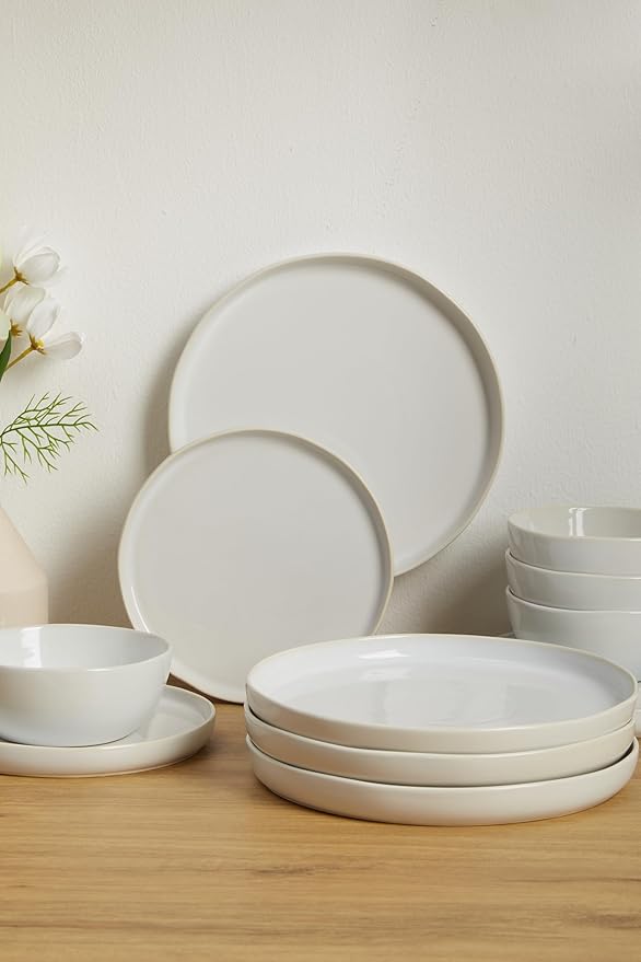 Ceramic Dinnerware Set for 4,Reactive Glaze Plates and Bowls Sets,Microwave Safe,Chip-Resistant Dish Set,Perfect for Modern Dining,Farmhouse Style (Fog White, Service for 4 (12pcs))