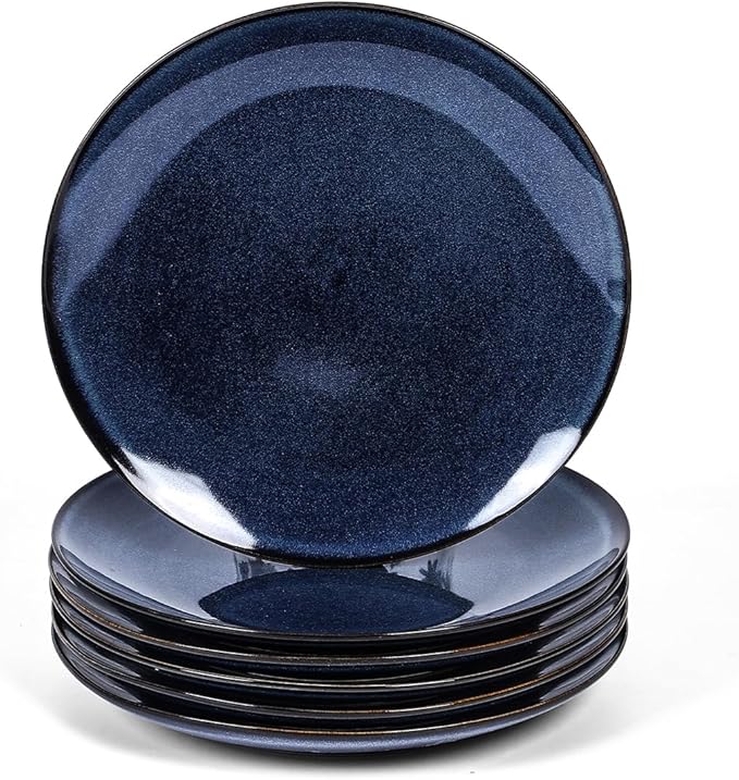 vicrays Ceramic Round Plates Set of 6 - Porcelain 8 inch Dinner Plates for Salad Dessert Appetizer Bread - Microwave Oven and Dishwasher Safe - Blue