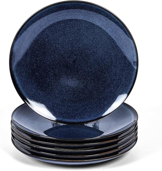 vicrays Ceramic Round Plates Set of 6 - Porcelain 8 inch Dinner Plates for Salad Dessert Appetizer Bread - Microwave Oven and Dishwasher Safe - Blue