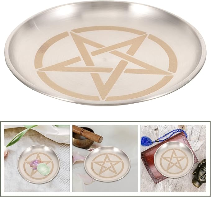 Pentagram Altar Ritual Plate Dish Flat Bowl Burning Candle Holder Offering Fruit Tray Metal Jewelry Tray Food Snack Dish Decorative Platter for Smudging Silver
