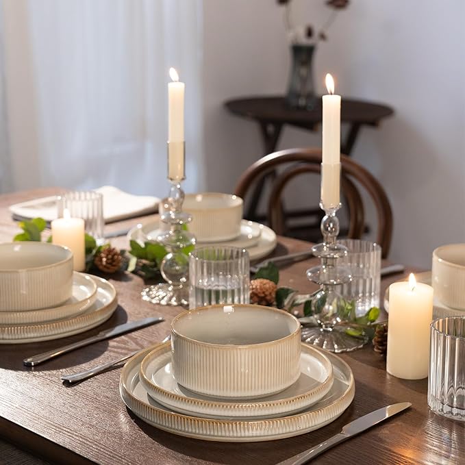 famiware Star Dinnerware Sets, Plates and Bowls Set for 4, 12 Pieces Ribbed Dishes - Chip and Scratch Resistant, Microwave and Dishwasher Safe Tableware, Cappuccino White