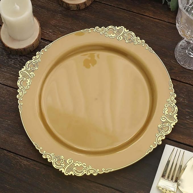 10" Dinner Plates -Set of 30 - Plastic Gold Round Baroque Disposable Chargers Leaf Embossed Rim, Ideal for Dinner Party Wedding Bulk Events