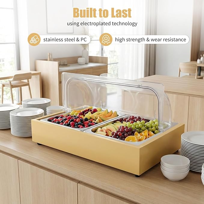 Ice Food Serving Display Tray, 3L 2 Pan Spice Display Salad Dressing Cooler Food Dishes Display Plate Case w/Clear Roll Top Cover for Outdoor Buffets Parties & Restaurant (Gold)