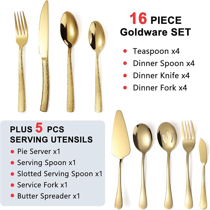 Gold Silverware Set Stainless Steel Flatware Set with Serving Utensils Set Cutlery Tableware for 4 Includes Forks Spoons Knives for Home Restaurant Hotel
