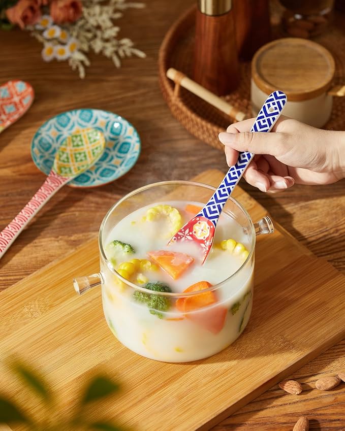 Long Handle Spoons, 8.5" Ceramic Serving Spoon for Cereal, Soups, Stews, Ice Cream, Colorful Decorative Spoons, Dishwasher & Microwave Safe, Assorted Colors, Set of 6