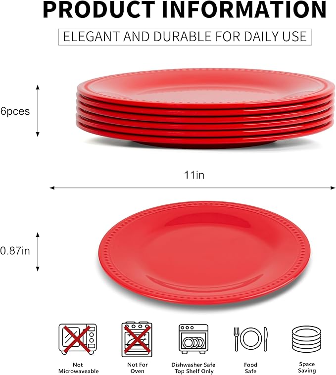 Melamine Beaded Dinner Plate Set of 6, 100% Pure Melamine, BPA Free, Chip & Break Resistant, Lightweight, Great for Dining, Weddings & Everyday Meals, Red, 11in