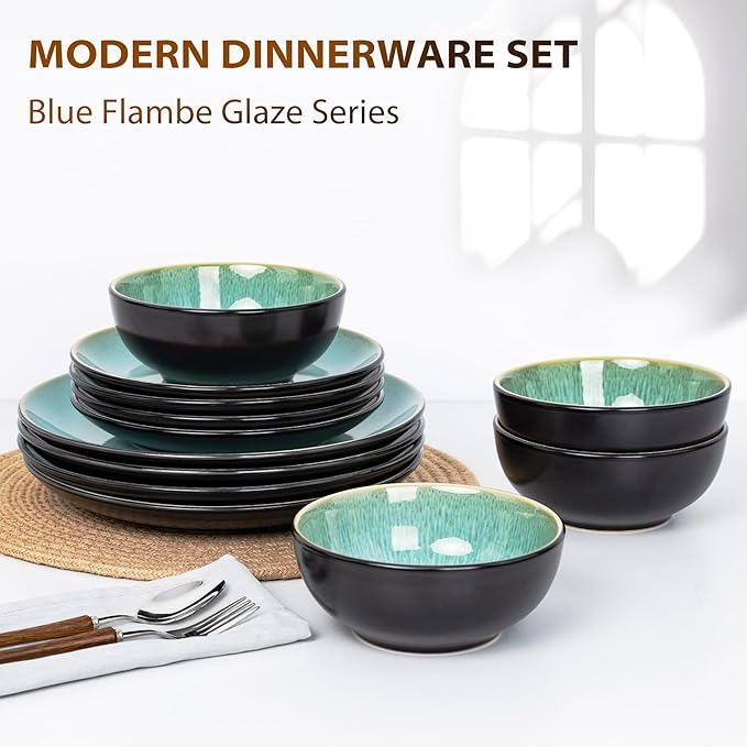 Plates and Bowls Sets for 4 - CJDC-QUELO 12-Piece Stoneware Dinnerware Sets, Ceramic Dishware Set for Kitchen Use and Formal Dining, Chip and Scratch Resistant Microwave Dishwasher Safe, Green