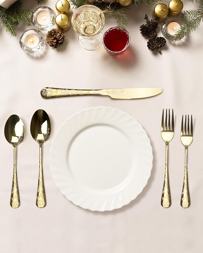 20-Piece Silverware Set, AORESAC Flatware Set for 4, Butterfly Flower Design, Mirror Polish, Forks Spoons, and Knives set for Home and Kitchen, Dishwasher Safe (Gold)