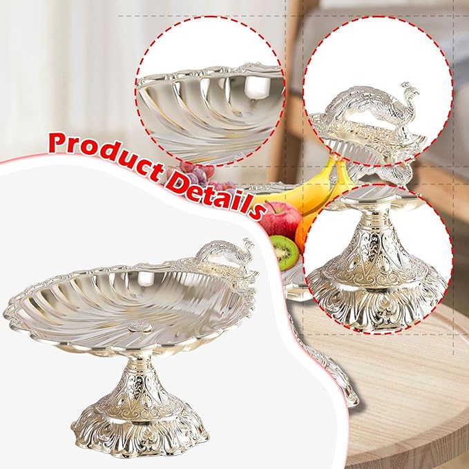 Fruit Plate Vegetable Holder with Base Decor Container Stand for Kitchen Counter Home Bread Snacks Serving Tray- Silver