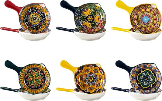 Henten Home Porcelain Sauce Dishes with Handle, 4 Inch Ceramic Dipping Dish Set of 6, Colorful Salsa Bowls for Sushi, Snack, Appetizer, Bohemian Style, Dishwasher & Microwave Safe