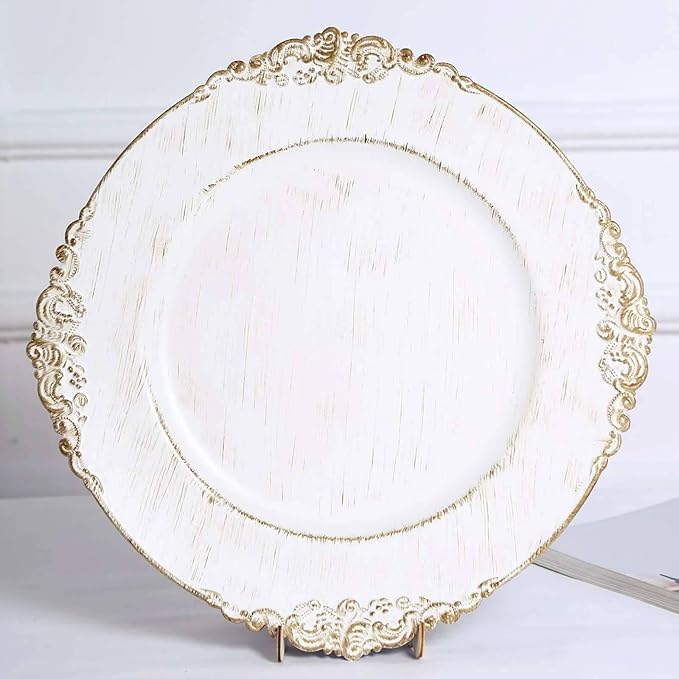13" Charger Plates -Set of 12 - Acrylic White Round Baroque Disposable Chargers Leaf Embossed Rim, Ideal for Dinner Party Wedding Bulk Events