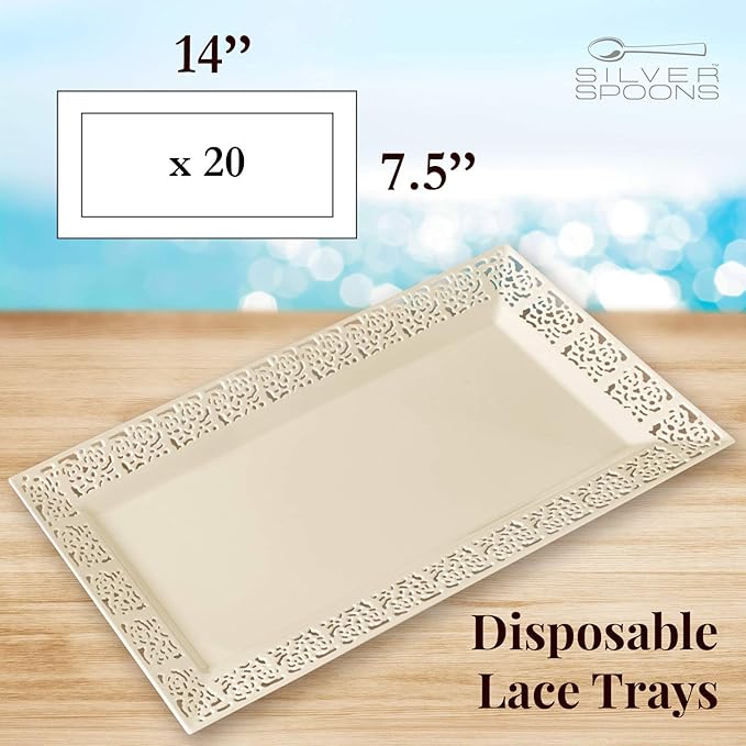 SILVER SPOONS Elegant Lace Plastic Serving Trays (6 PC), Disposable Plastic Trays and Platters for Party - 14” x 7.5”, Serves Snacks, Desserts, Sweets, Perfect for celebrations & events - Ivory