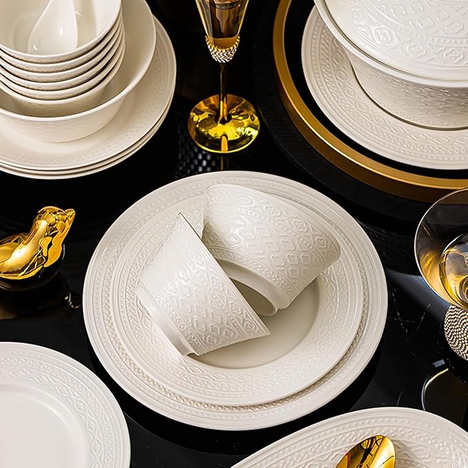 White Dinnerware Sets for 8 Dinner Plates 24 31 38 46 62pcs Plates And Bowls Sets Simple Style Dishware Sets Kitchen Dishes Set Dinner Set for Family Gatherings Dishwasher&Microwave Safe(62pcs)