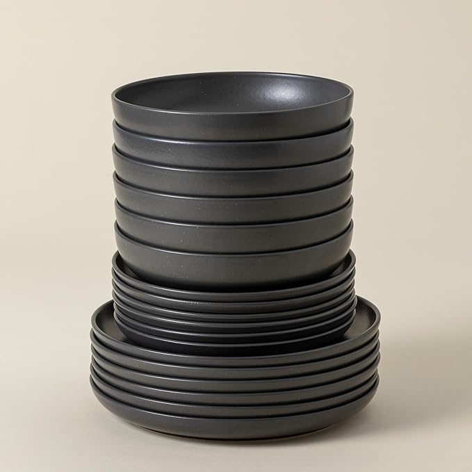 Casafina 18-Piece Stoneware Place Setting Service for 6 with Pasta Bowls - Pacifica Collection, Seed Grey, Microwave & Dishwasher Safe