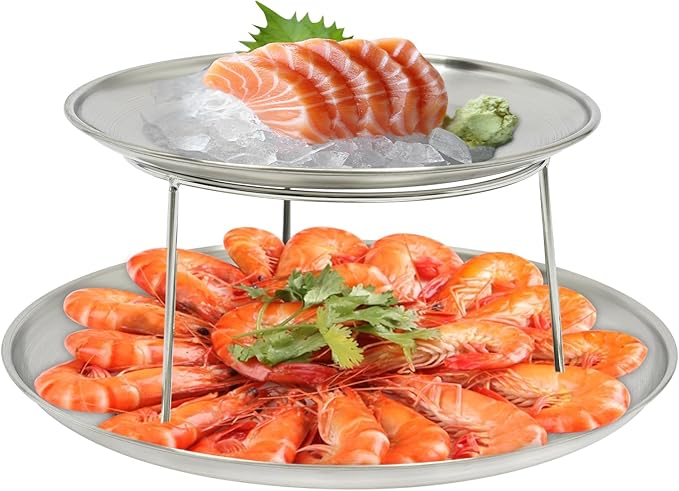PERFERATE 2 Tier Seafood Tower Set with 8in & 10in Plates Oyster Plate, Seafood Serving Stand Silver Round Tray with Bracket Oyster Platter for Shrimp Crab Veggie Serving