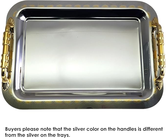 (Pack of 3) 14.2 inch x 10.2 inch Oblong Chrome Plated Serving Tray with Handles Stylish Design Iron Gold Floral Engraved Decorative Wedding Dessert Buffet Wine Platter Plate NC-262