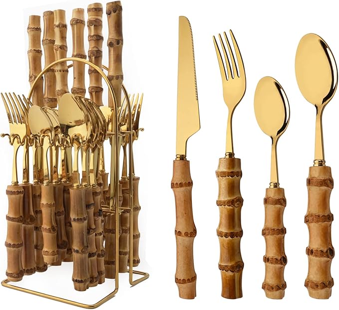 Bamboo Silverware set, 25 PCS Natural Bamboo Flatware Set with Holder, Stainless Steel Forks Spoons and Knives set with Bamboo Handle, Gold Cutlery Set with Stand, Service for 6
