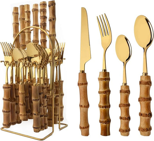 Bamboo Silverware set, 25 PCS Natural Bamboo Flatware Set with Holder, Stainless Steel Forks Spoons and Knives set with Bamboo Handle, Gold Cutlery Set with Stand, Service for 6